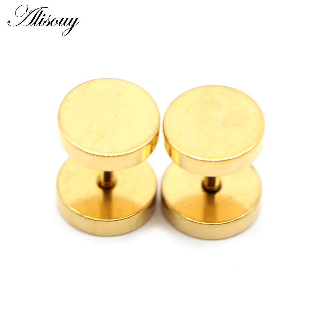 Alisouy 2pcs Gothic Stainless Steel Barbell Round Stud Earrings For Women Men Dumbbell Pierceing Earrings Punk Fashion Jewelry