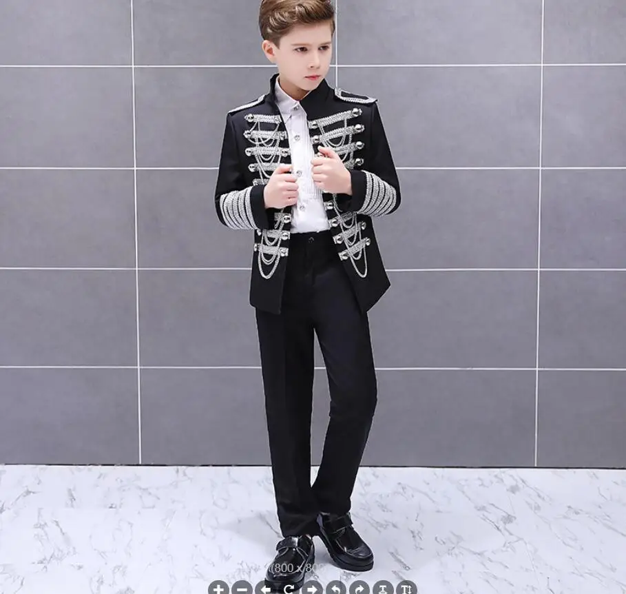 Kids Marching Band Costume Military Tassel Chains Jacket Steampunk Prince Coat Pop Stage Dacing Costume Officer Cosplay