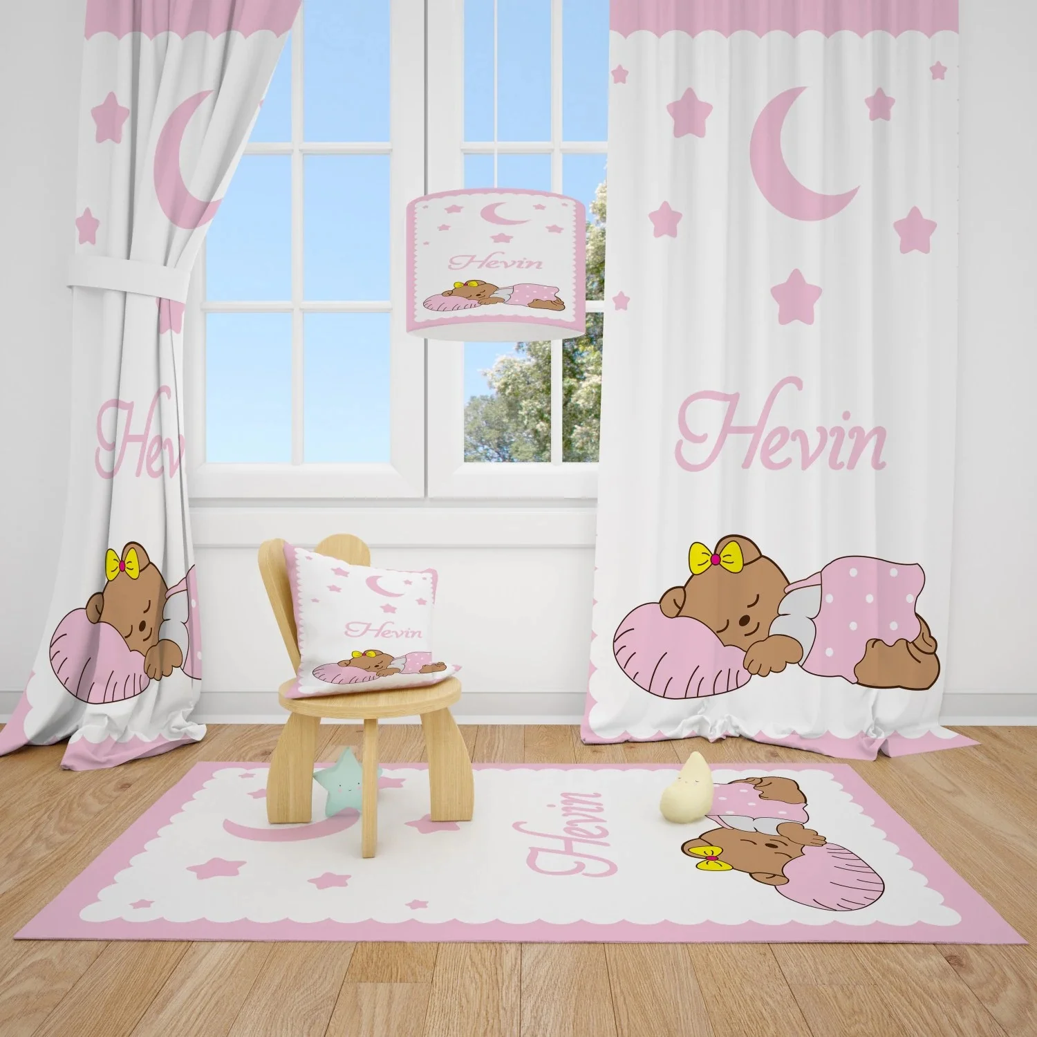 Sleeping Teddy Bear Children 'S Backdrop Curtain durable does not pilling fabric. Cotton fabric manufactured. SINGLE WING İSİM YAZIR