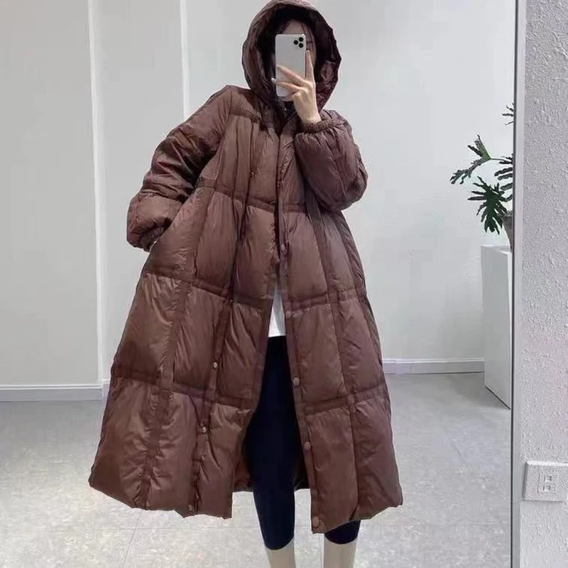 Large size webbing long down jacket for women 2021 winter white duck down thickened loose hooded jacket for cold weather