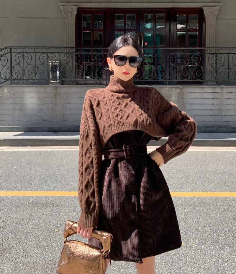 

2023 autumn and winter fashion knitted long-sleeved cloak shawl velvet vest dress two-piece female Retro elegant dress Korean