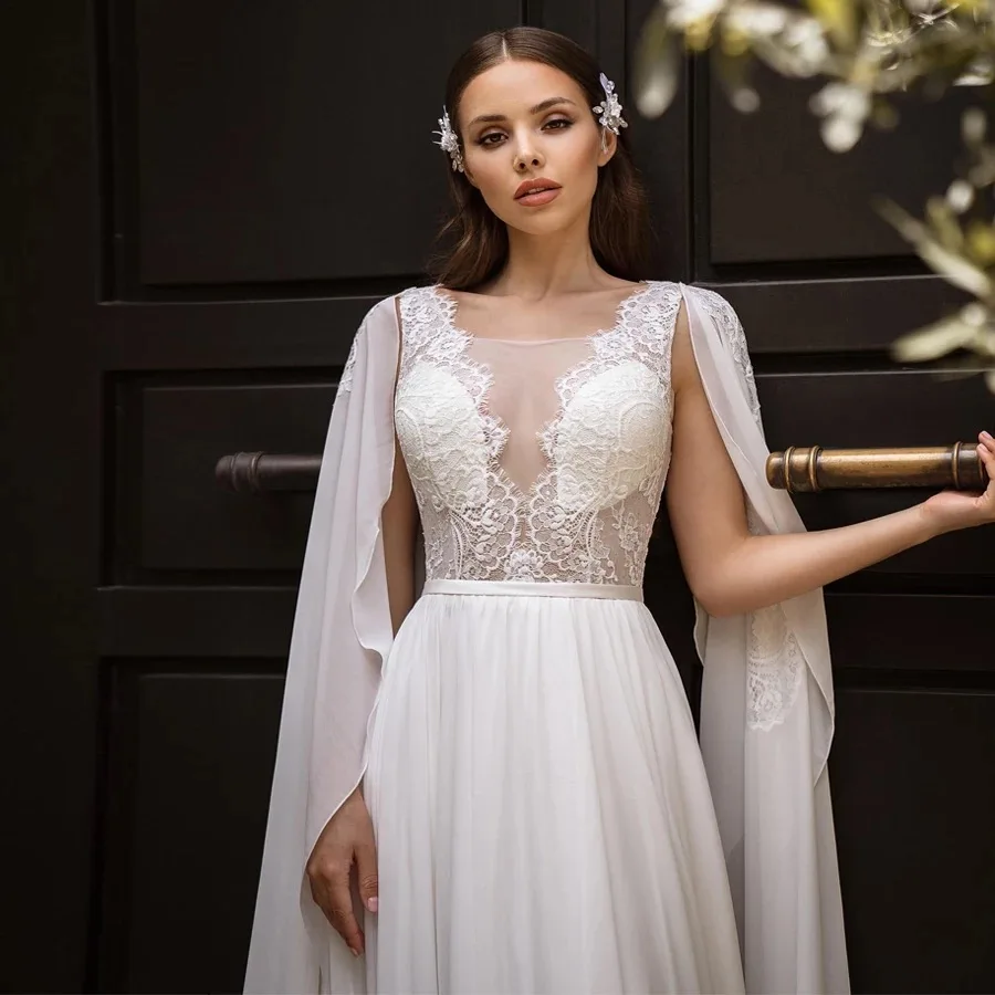 A-Linie Chiffon Brautkleider mit Cape transparenten Ausschnitt Spitze Applikationen Falte Sweep Zug rücken frei Brautkleid Vestidos de Noiva