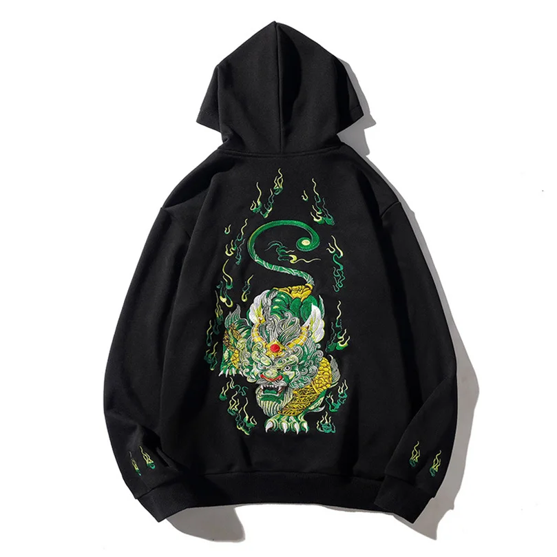 Kirin Embroidery Hooded Sweatshirt 2024 Spring Autumn Winter Men\'s Luxury Sukajan Quilted Loose Pullover Male Hoodies