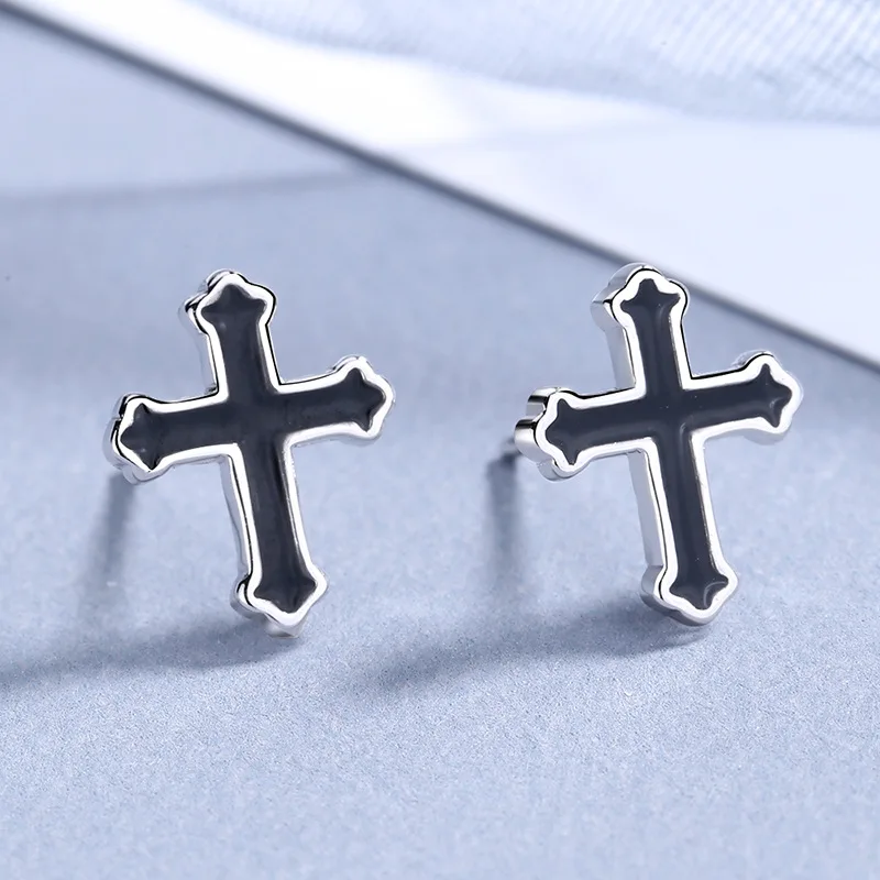 KOFSAC New Personality Vintage Black Cross Studs Ear Jewelry 925 Sterling Silver Earrings For Women Anniversary Accessories Gift