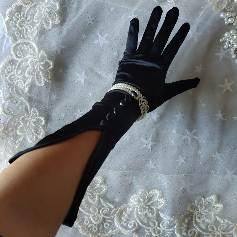 1 Pair Bride Bridal Wedding Gloves Black White Long Beaded Satin Gloves Elegant For Women Finger Gants Mariage Luvas De Noiva