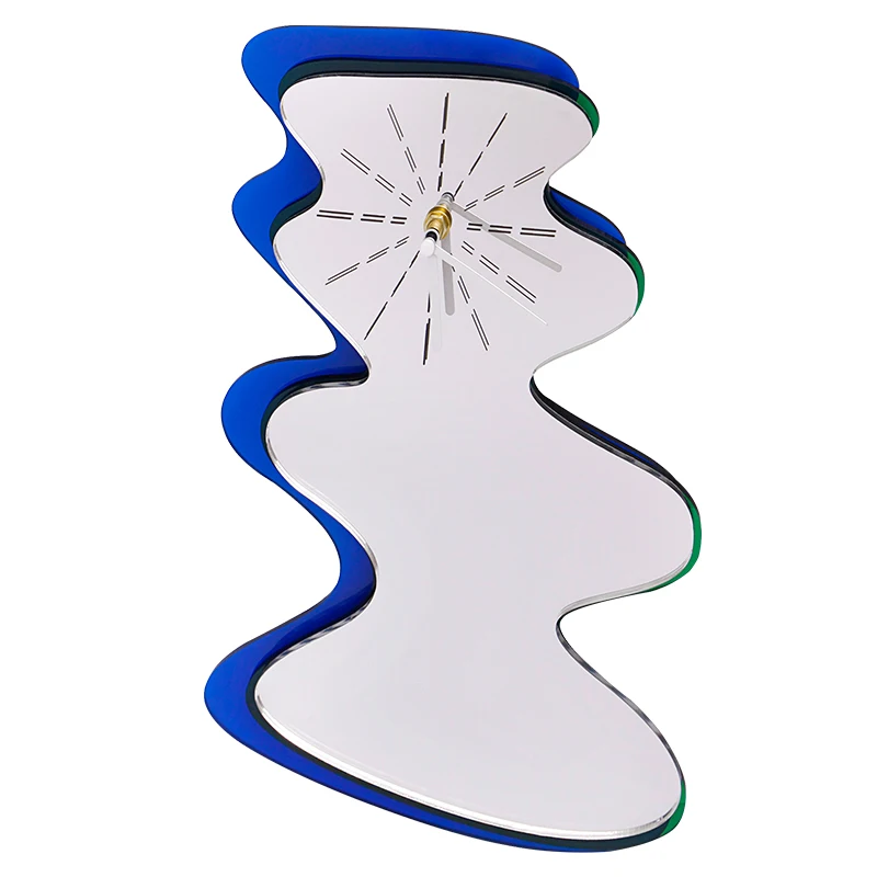 European Style Clock Living Room Deco Creative Wall Clock Home Deco Clock Blue Acrylic Mirror Clock With Wavy Shape