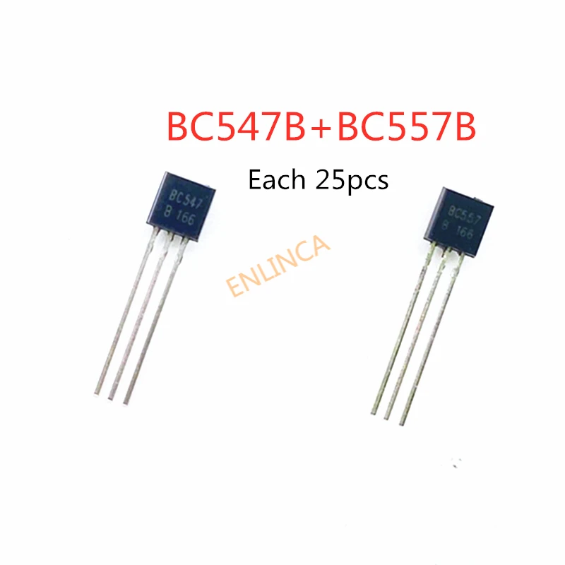 50Pcs BC547+BC557 Each 25Pcs BC547B BC557B NPN PNP Transistor TO-92 Power Triode Transistor kit Bag