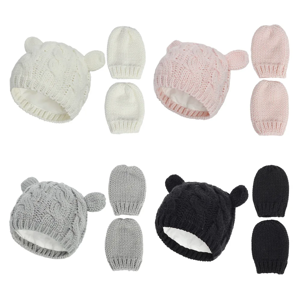 

1set Baby hat Kids Girls Boys Winter Warm Knit Hat Ear Solid Warm Cute Glove 2pcs Lovely Cap 0-18M