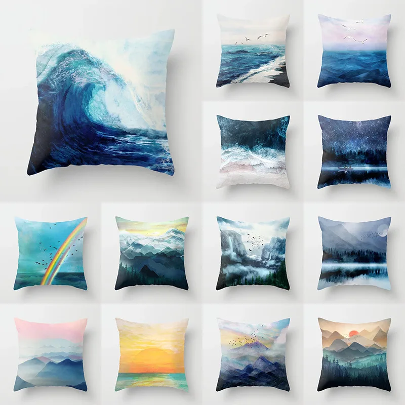 Pillow Cushion Cover Oil Painting Ocean Wave Mountains Forest Pillow Cover Sofa Throw Pillows Decorative Christmas Pillow Case