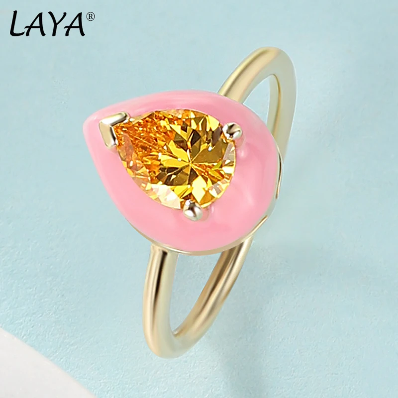 Laya Silver Ring For Women Pure 925 Sterling Silver Shiny White Cubic Zirconia Pink Enamel Fashion Jewelry Handmade Enamel