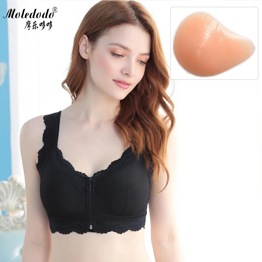 

Black Mastectomy Bra Cotton Underwear Gathered Sexy Front zipper Bra 3XL can Insert Spiral Silicone Fake Breast Forms Prosthesis