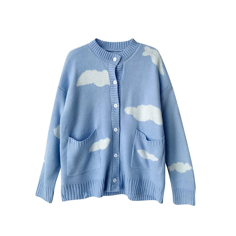 Knitted Female Cardigan Cute Print Clouds O Neck Loose Casual Lady Long Sleeve Knitted Cardigan Women Jacket  Blue White