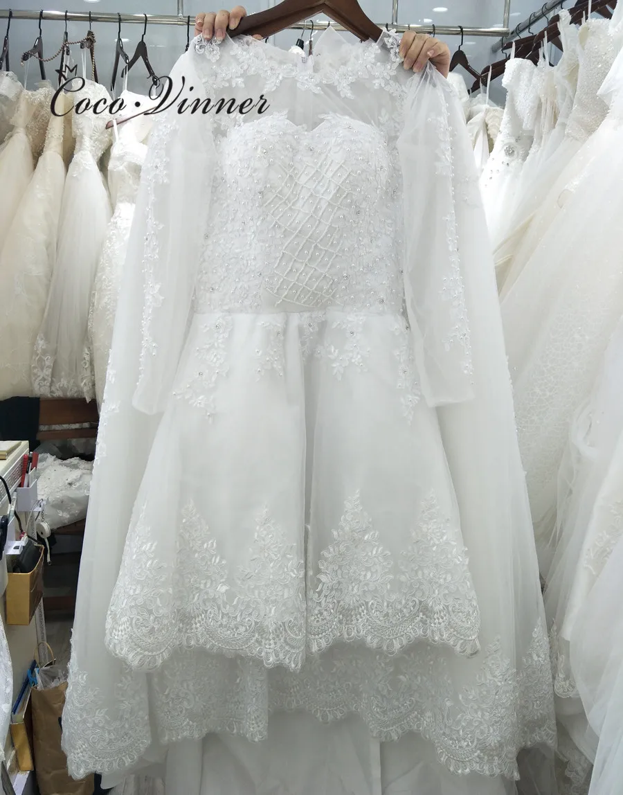 ที่กําหนดเองไข่มุกประดับด้วยลูกปัด 2 IN 1 ชุดแต่งงานสายกระโปรงที่ถอดออกได้แขนยาวภาพลวงตาชุดแต่งงานลูกไม้ W0278-B