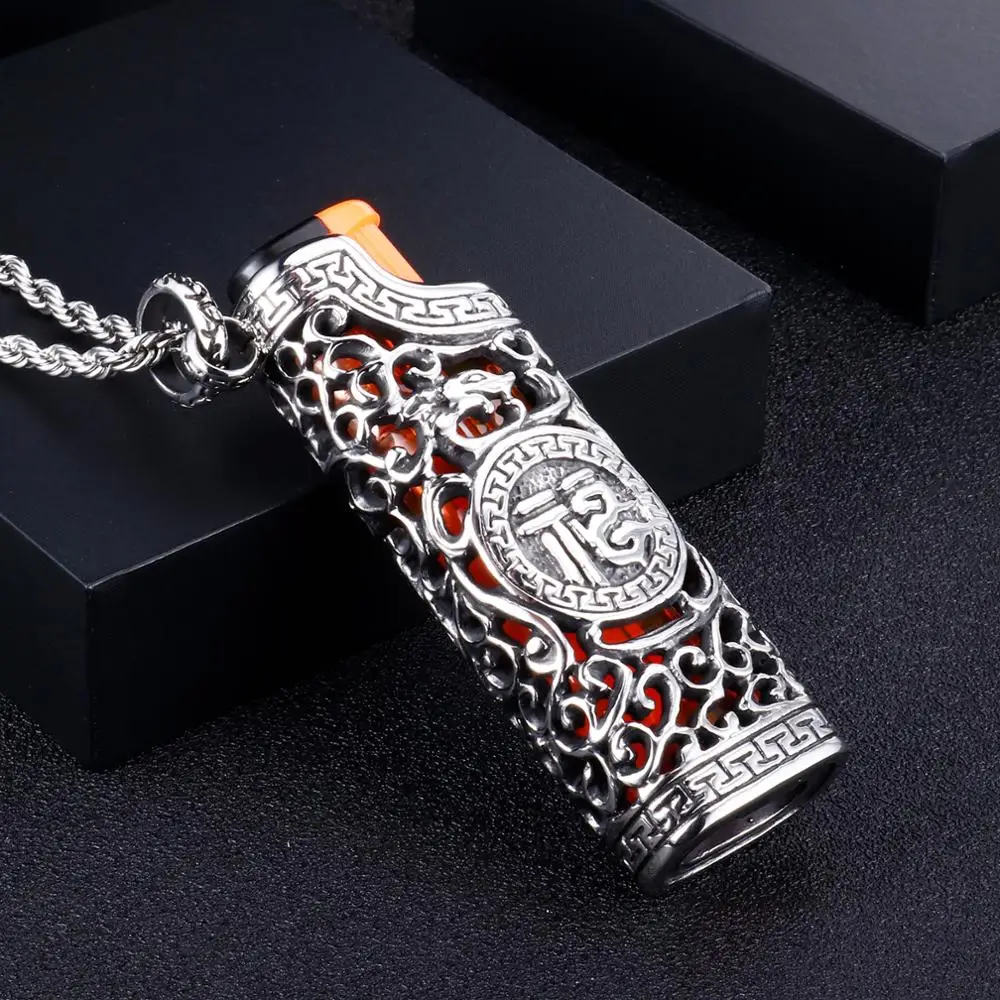 Fongten Cigarette Lighter Pendant Hollow Charm Necklace Stainless Steel Cubic Retro Pendants Necklaces Men Jewelry