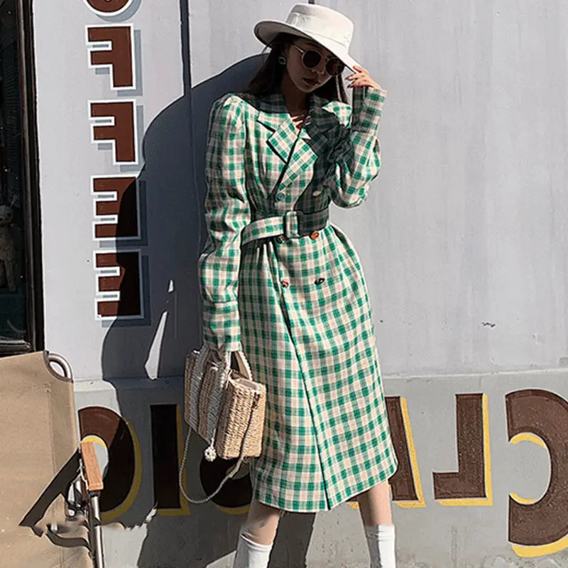 Blazer a cuadros de gran tamaño para mujer, chaqueta de traje de longitud media con cordones de un solo pecho, prendas de vestir exteriores de alta calidad, Primavera