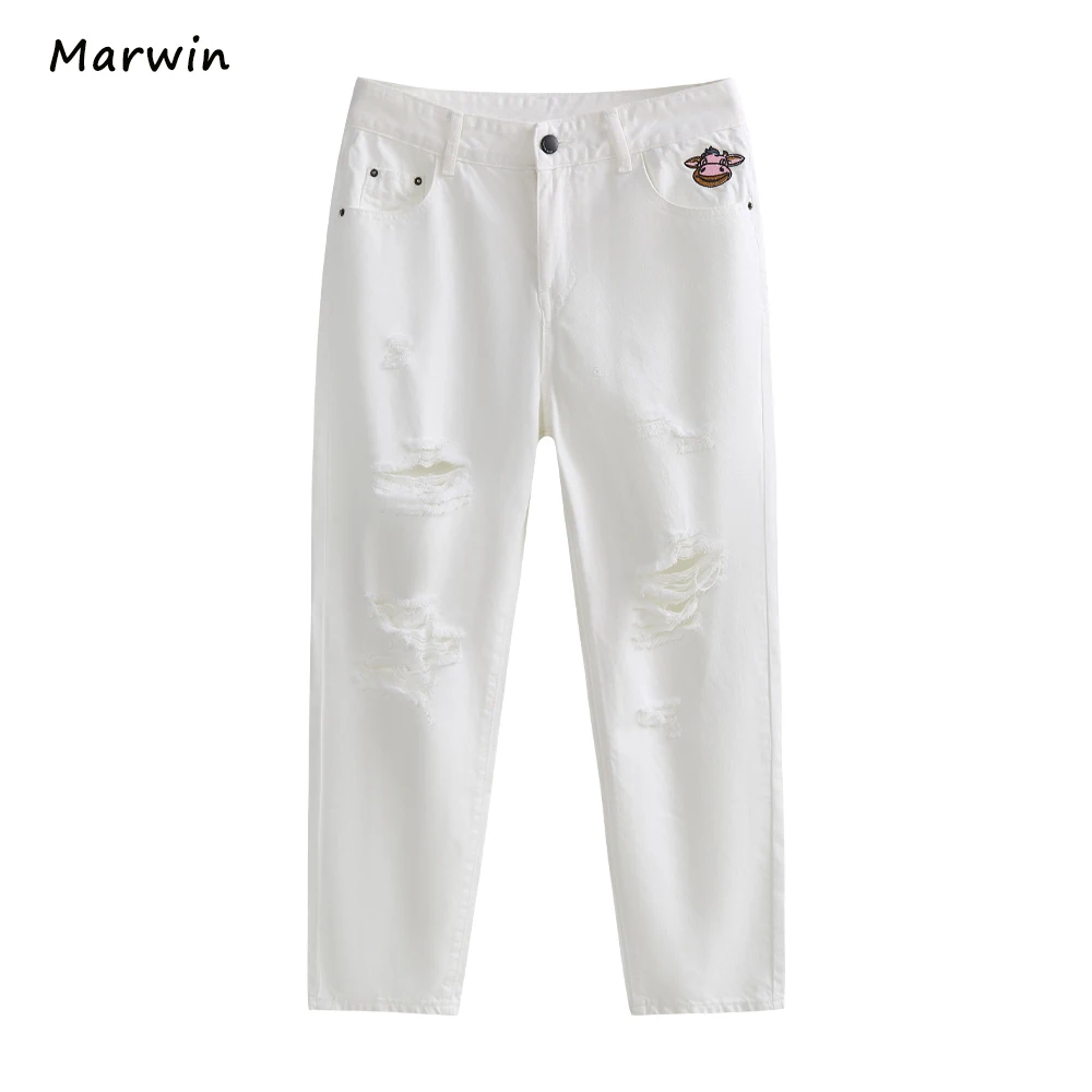 

Marwin 2021 New-Coming Spring Solid High Waist Thin Ankle-Length Hole Embroidery White Jeans High Street Style Women Pants