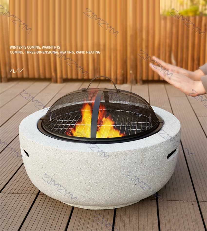 Round Outdoor Fire Pit Table Household Charcoal Brazier Garden Courtyard Barbecue Grill With Mesh Enclosure And Barbecue Net