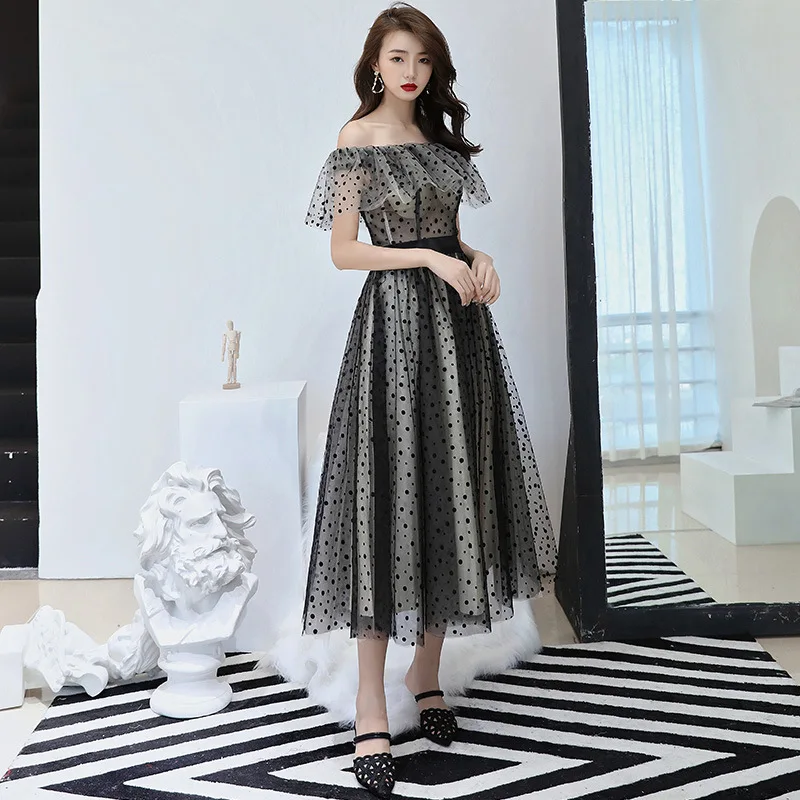 

Black Polka Dot Banquet Evening Dress 2021 Girl Birthday Party Fashion Host Cocktail Elegant Boat Neck Vintage Prom Dress A086