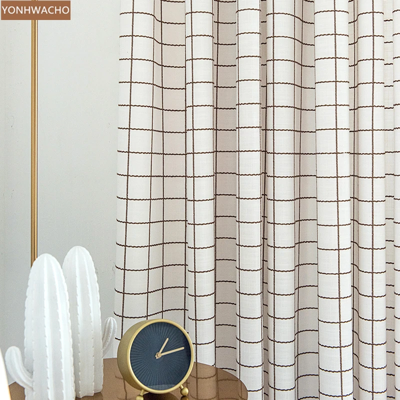

Custom curtain Lattice Nordic minimalist white cotton linen art fresh Japanese cloth blackout curtain tulle C422