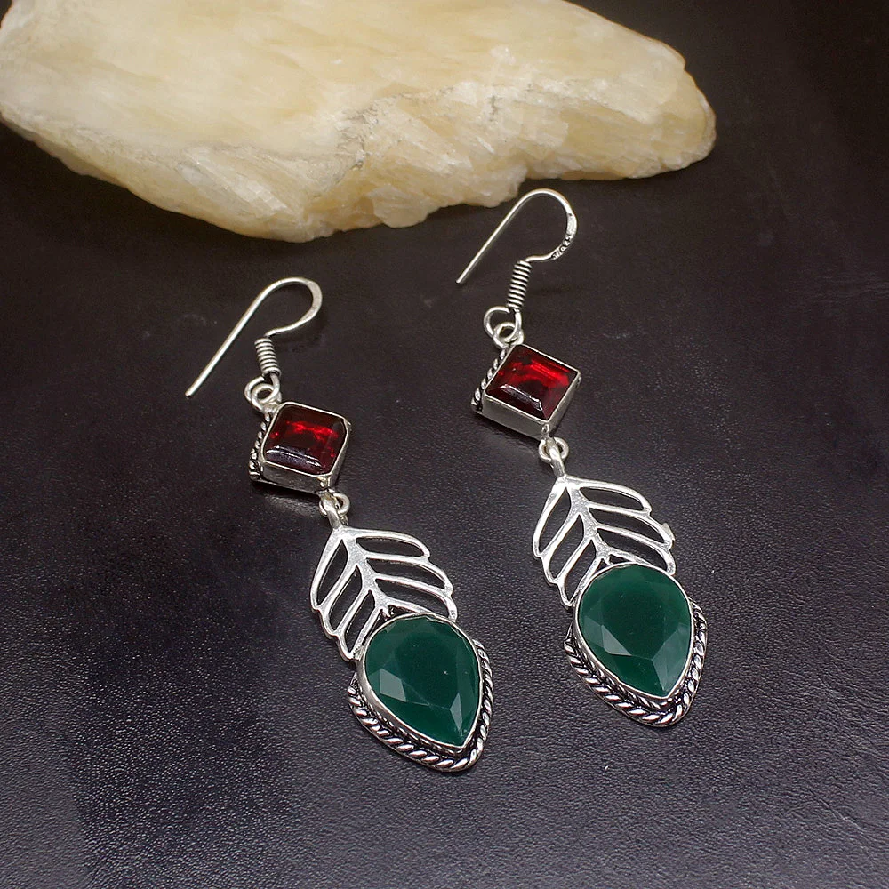 Gemstonefactory Big Promotion Single Unique 925 Silver Green Agate Garnet New Women Ladies Gifts Dangle Drop Earrings 20211775