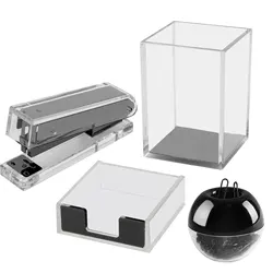 Set di forniture per ufficio nero trasparente acrilico con supporto per penna Dispenser per graffette da scrivania nero trasparente per ufficio Home School