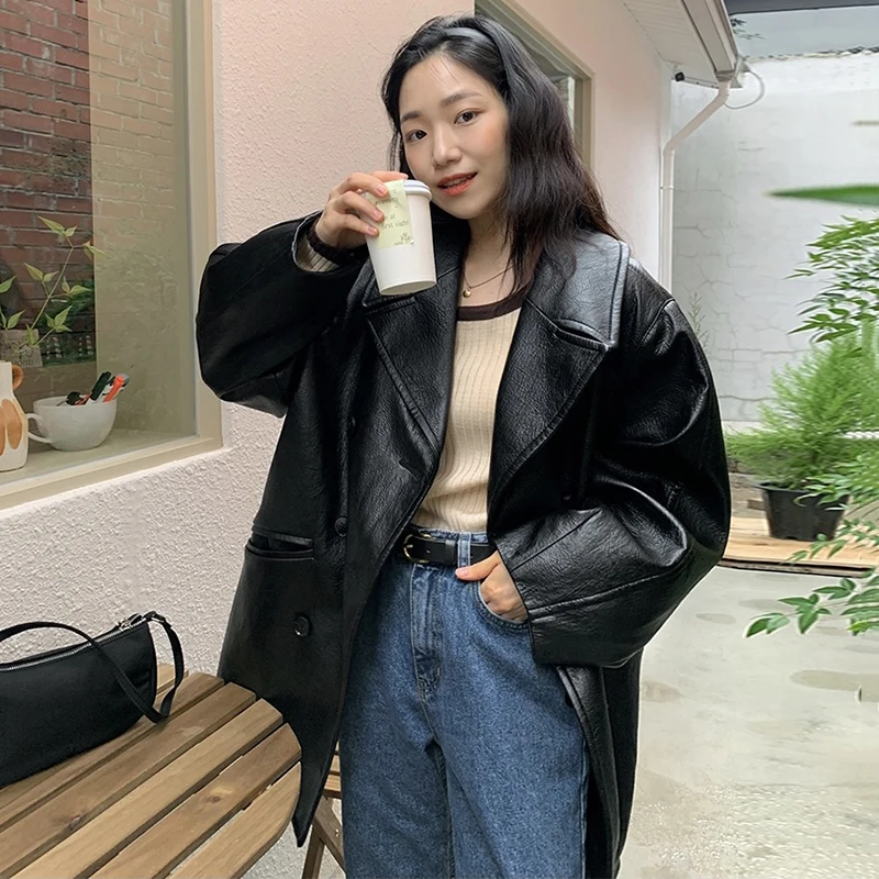 Vintage Double Breasted Faux Leather Jacket Women Big Pocket 2024 Autumn Loose Casual Lapel Long Sleeve Black Motorcycle Jacket