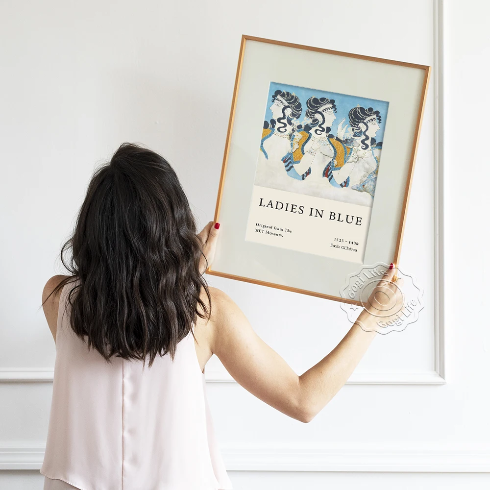 Ladies In Blue The Palace Of Knossos Fresco Art Poster, Late Minoan Period Mural Prints Poster, Ancient Art Mural Decoration