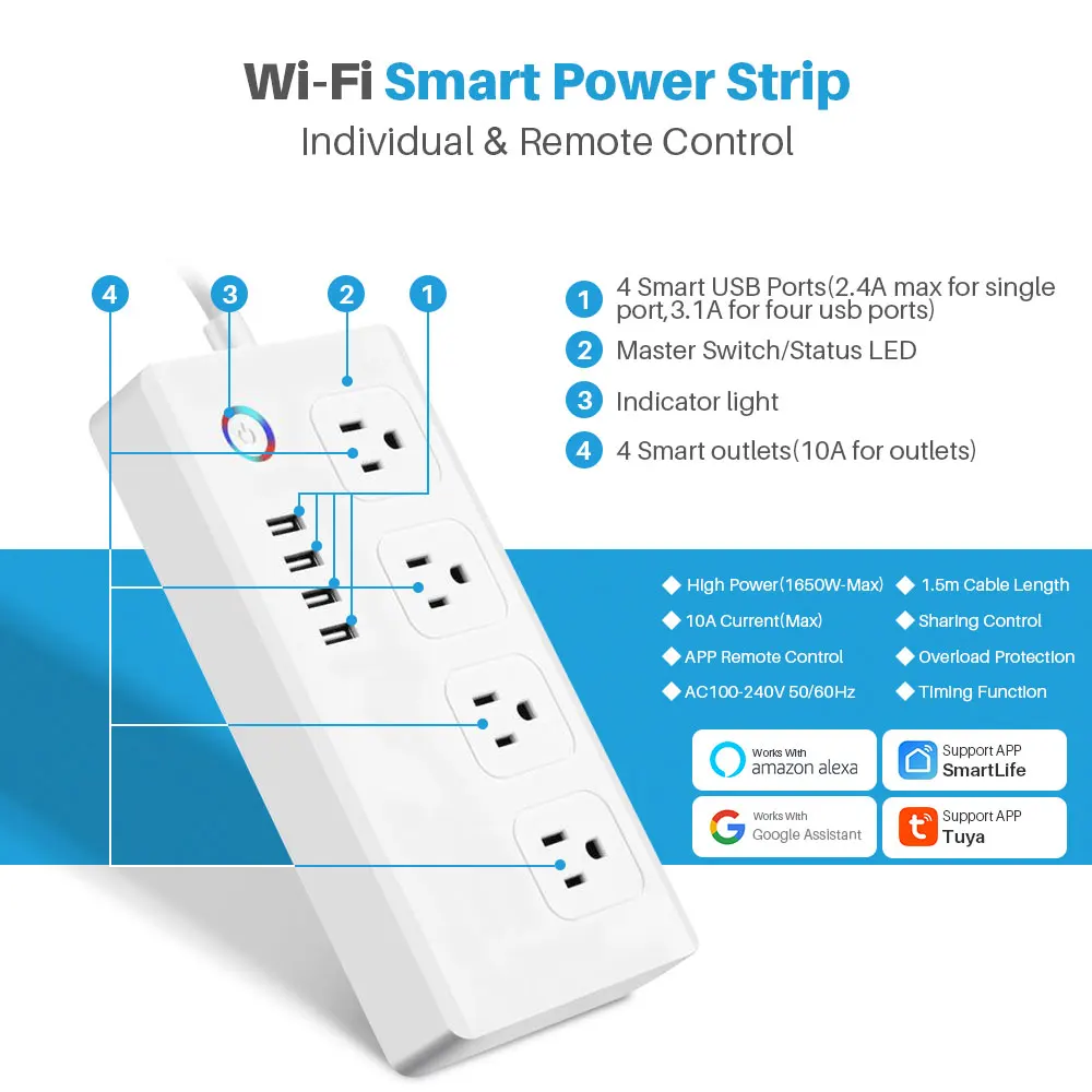 Tuya Wifi Smart Power Strip 10A US 4 Socket 4 USB Charging Ports Voice Control SmartLife APP Works With Alexa Google Assistant