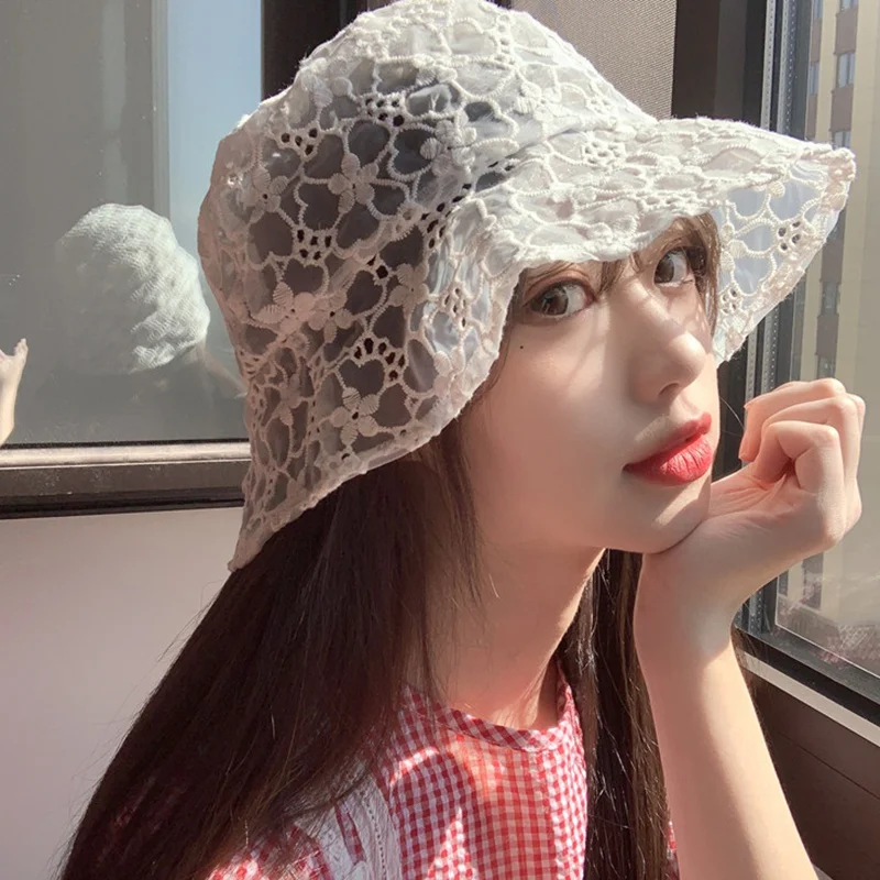 Fashion Fashion  Hollow Lace Female Cute Little Flower Basin Hat Sun Hat  For Women New