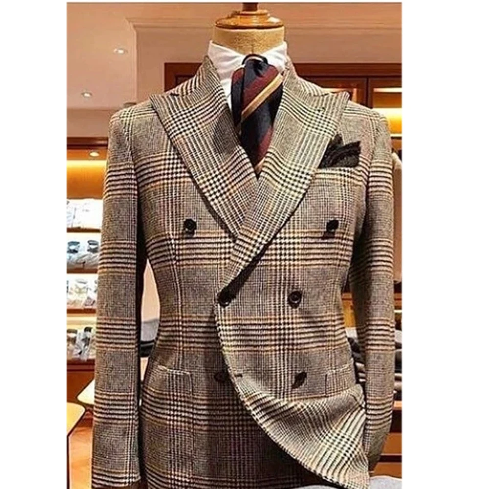 Vintage Business Suits Men Plaid Check Houndstooth Woolen Blend Trench Coat With Grey Pants 2 Pieces Groom Tuxedos Custom Made