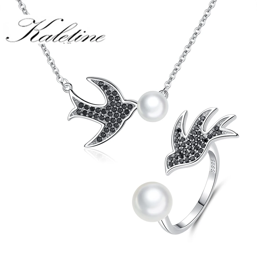 KALETINE 925 Sterling Silver Black Agate Swallows Cute Open Pearl Bird Necklace Ring Set Party Female Lucky Gifts Jewelry Set