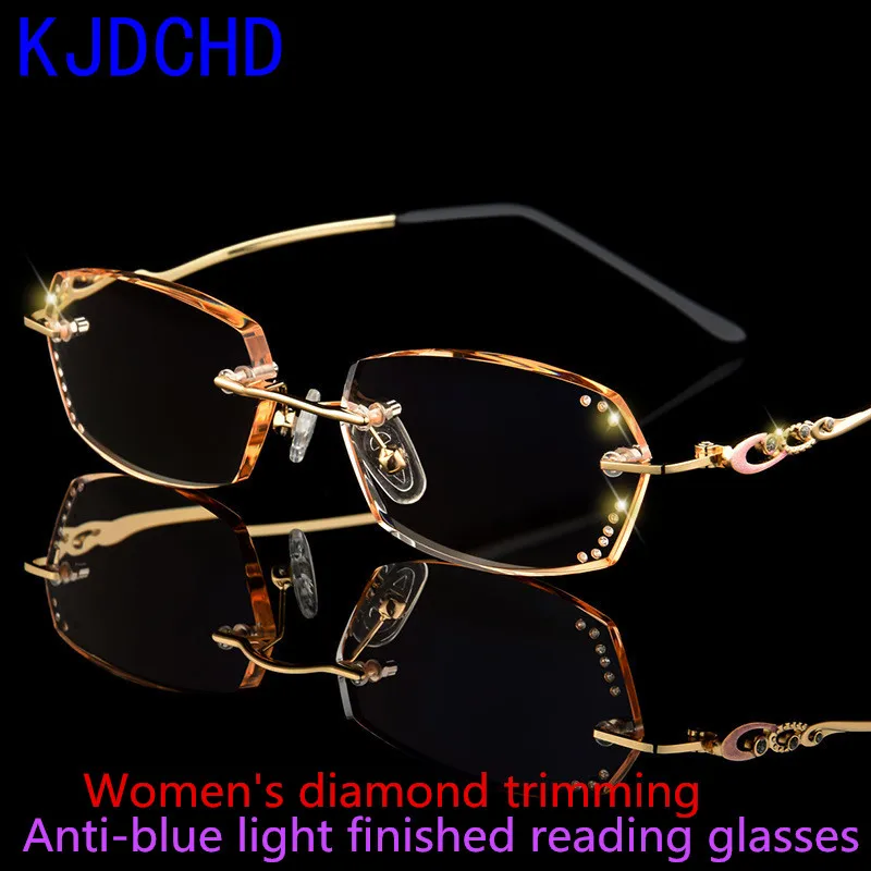 High Definition Ladies Luxury Anti-Blue Light Reading Glasses Frameless Rhinestone Diamond Cut High Quality Reading Glasses