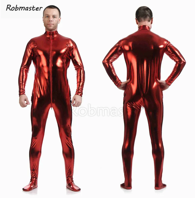 Men Latex Suit Black Shiny Metallic Tights Gold Zentai Suit headless Unitard Skin Bodysuit Zipper Front Jumpsuit Bodysuit