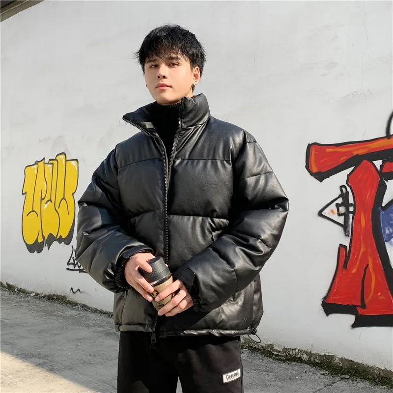 Thicken Solid Color Mens Parkas Oversized Warm Winter Leather Coats Harajuku Fashion Male Loose Cotton Padded Jackets PU Leather