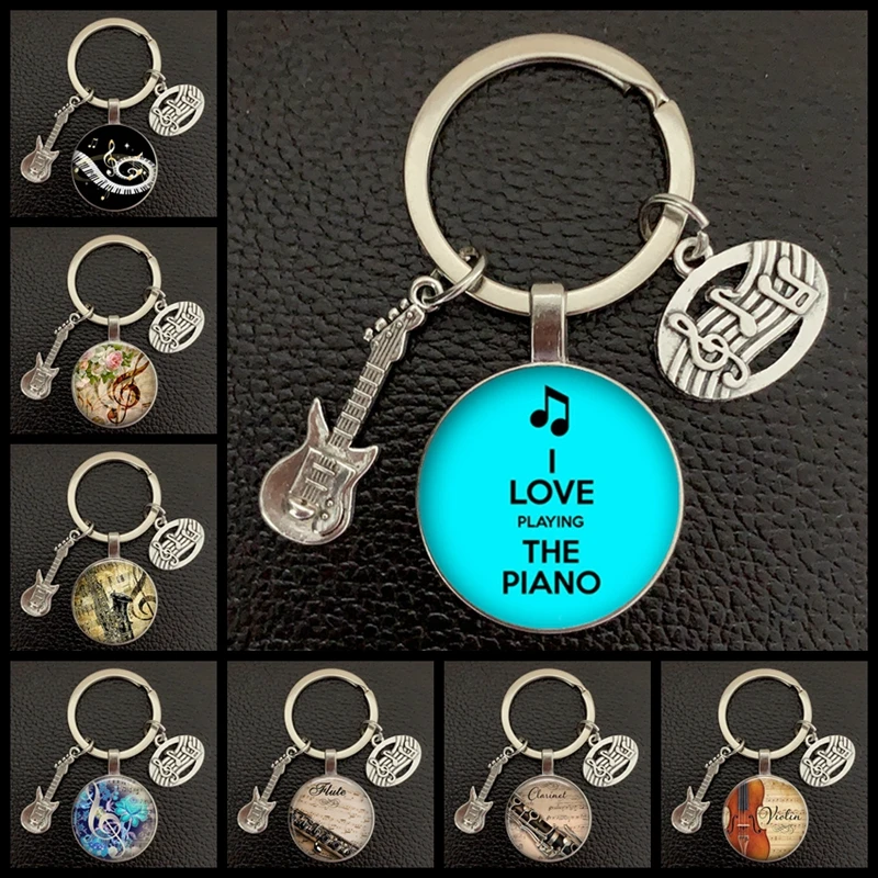 New Creative / Musical Instrument Clarinet Guitar Flute Violin Music Note Keychain Pendant Key Chain Music Glass Dome Crystal