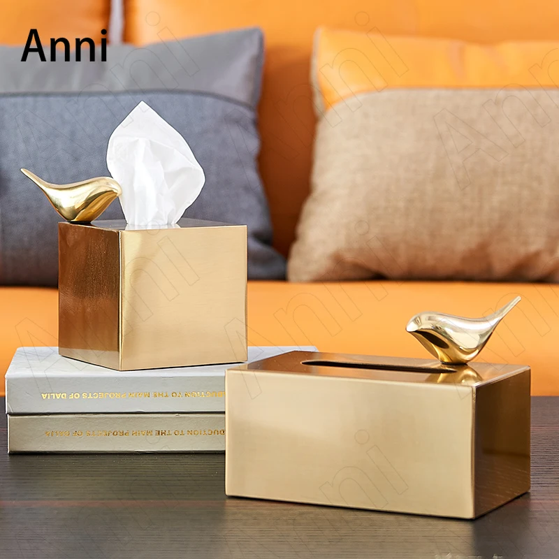 

Brass Metal Tissue Boxes Nordic Modern Magnetic Golden Bird Decorative Paper Towel Storage Box Living Room Decoration Ornaments