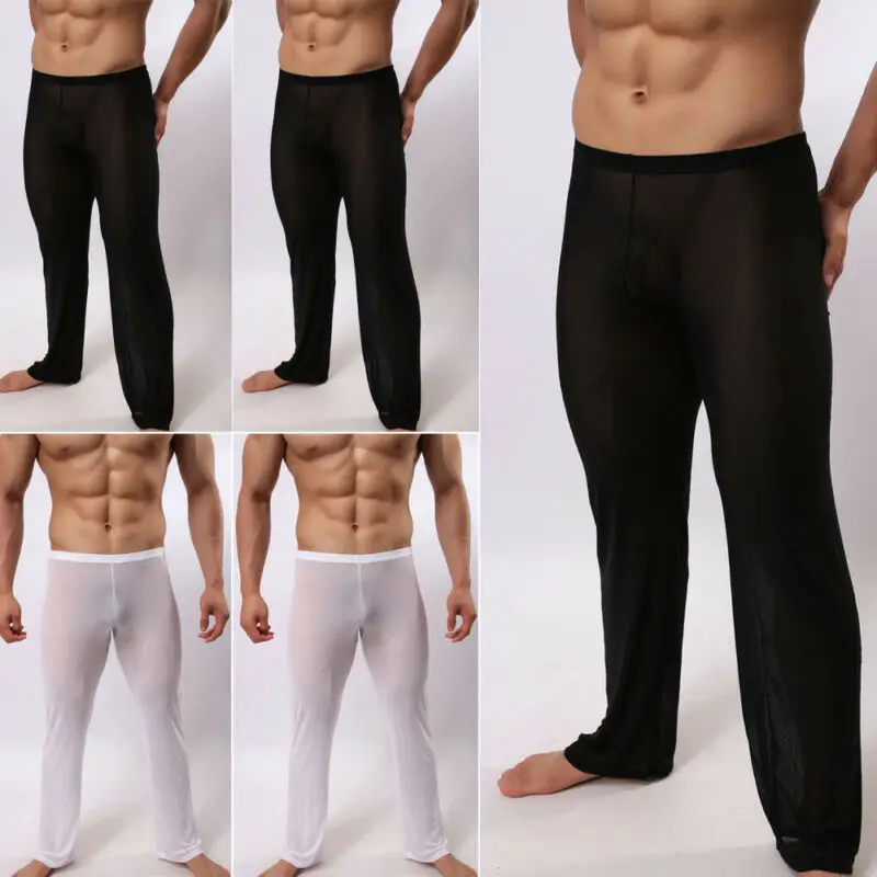 Hiriginr-Pantalones elásticos transparentes de malla suave para hombre, ropa de dormir Sexy, ropa de casa transparente