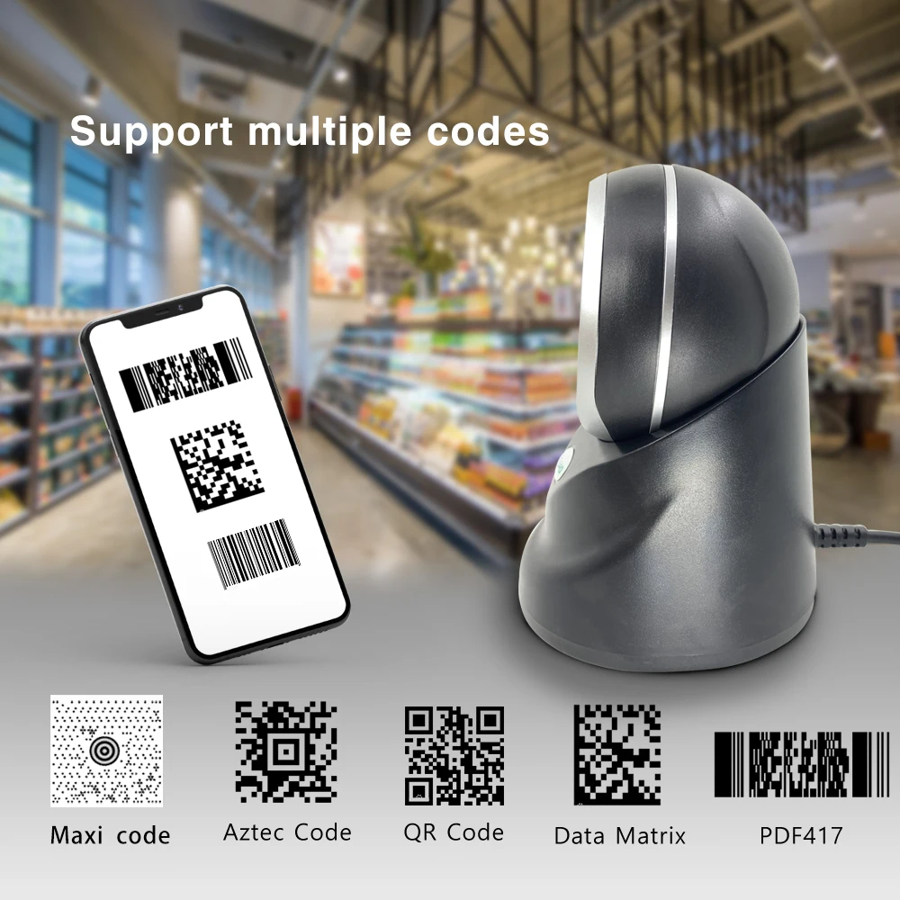 

1D&2D Desktop Barcode Scanner, Embedded Omnidirectional Hands-Free Wired USB Mini Barcode Reader 1D QR Screen Scanning