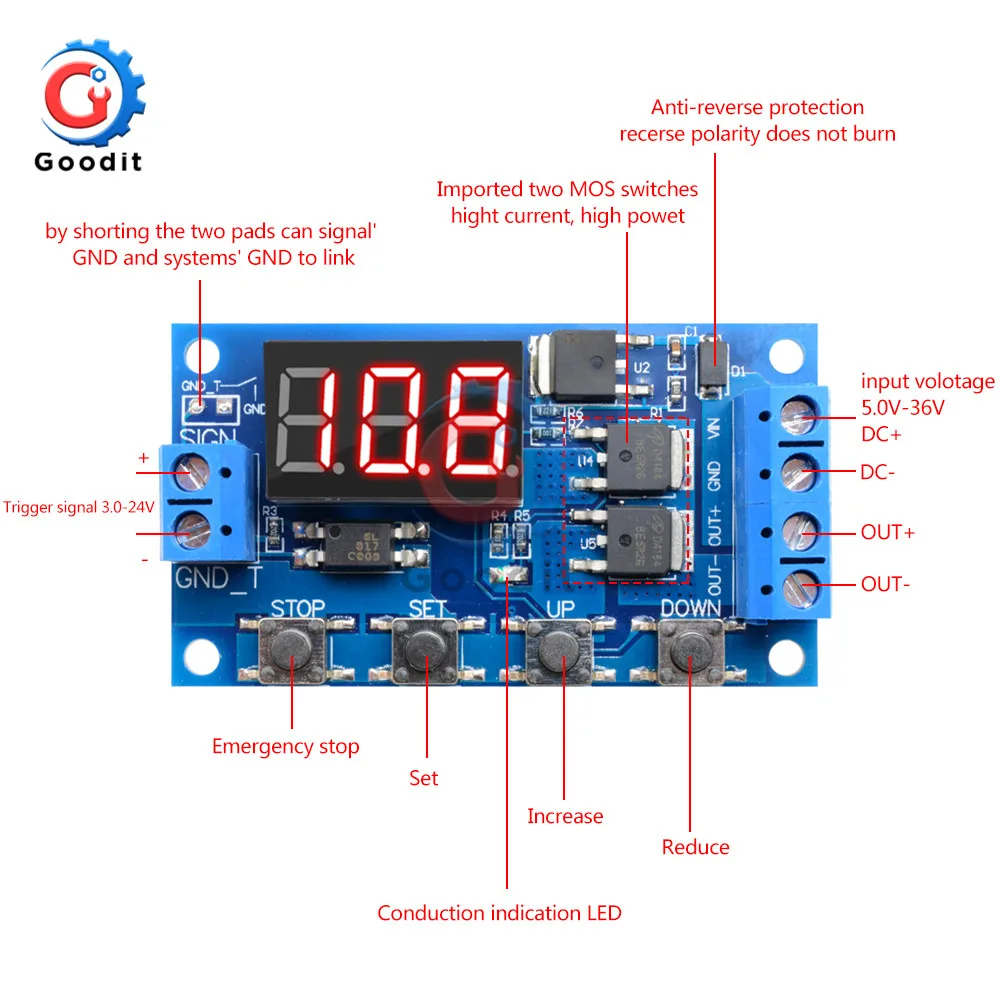 DC6-30V Dual MOS LED Digital Time Delay Relay Trigger Cycle Timer Delay Switch Circuit Board Timing Control Module 4 Switch