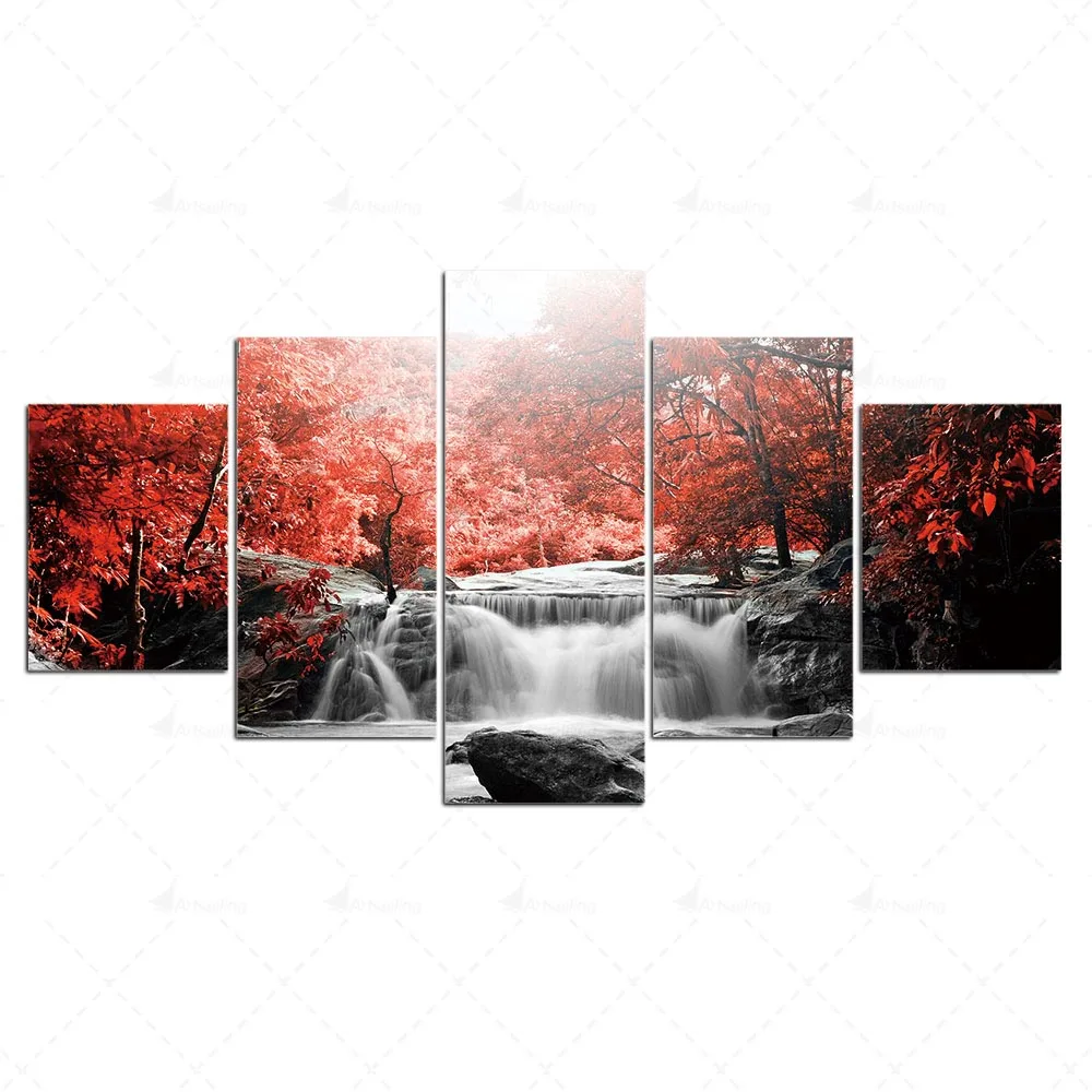 Canvas Fall Painting Home Plant Decoration Wall Art Prints Modular Maple Picture Modern 5 Panal Poster Framework For Living Room