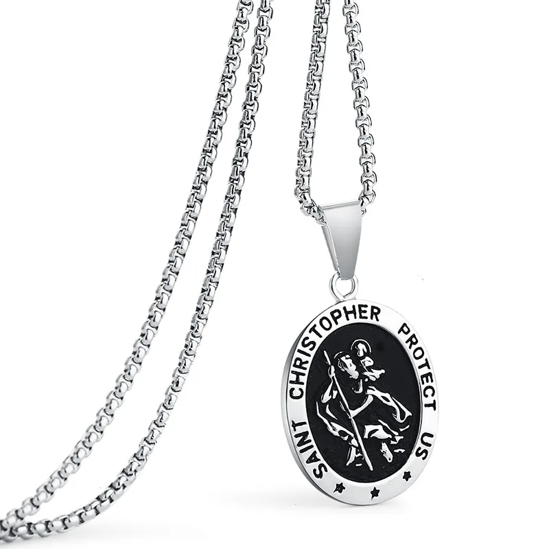 Valily Saint Christopher Necklace Man Stainless Steel Black Catholic Patron St Medal Pendant Jewelry Traveler Medallion Necklace