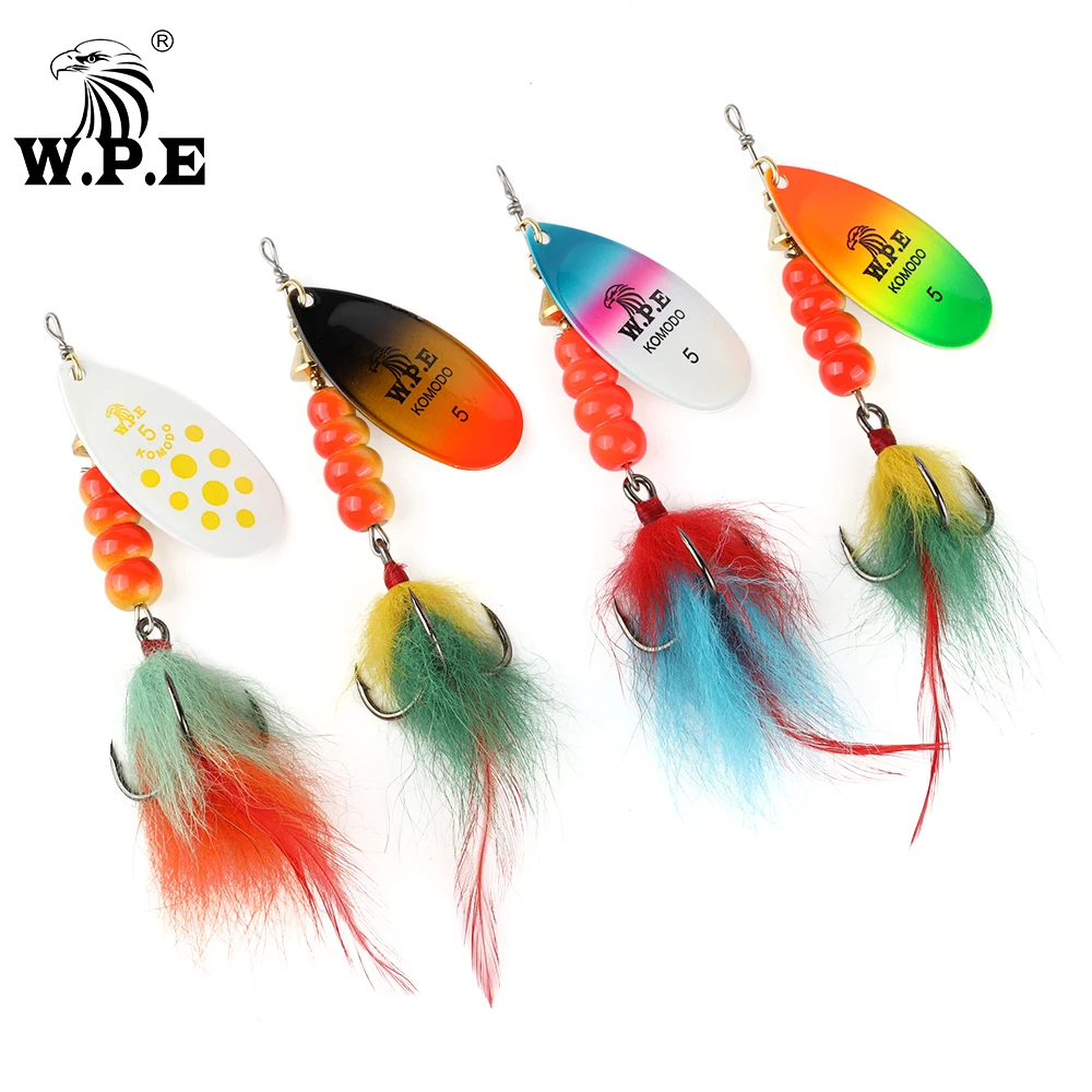 

W.P.E KOMODO Spinner Lure 15g/22g 1pcs Hard Bait Spoon Lure Feather Treble Hook Metal Fishing Lure Crankbait Bass Lure Wobblers