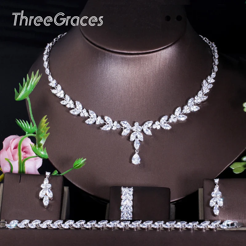 ThreeGraces Elegan Big Leaf Drop CZ Wedding Necklace Earrings Bracelet and Rings Luxury Prom Costume Jewelry Set for Women JS258