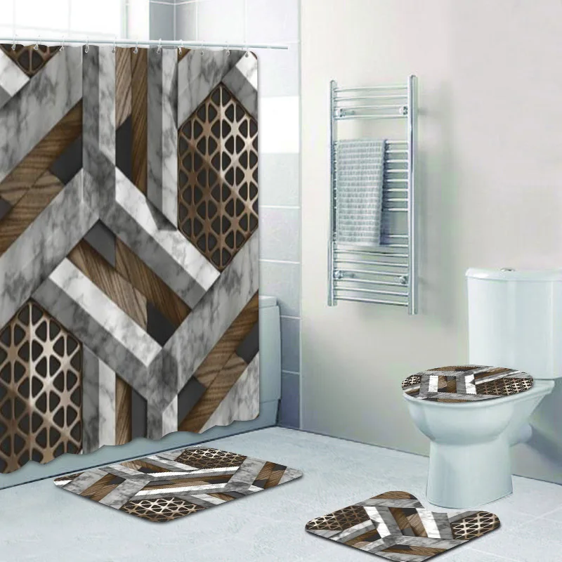 Stylish Mosaic Metal White Marble Pattern Shower Curtain and Bath Rug Set 3D Abstract Geometric Bathroom Mats Rugs Toilet Decor