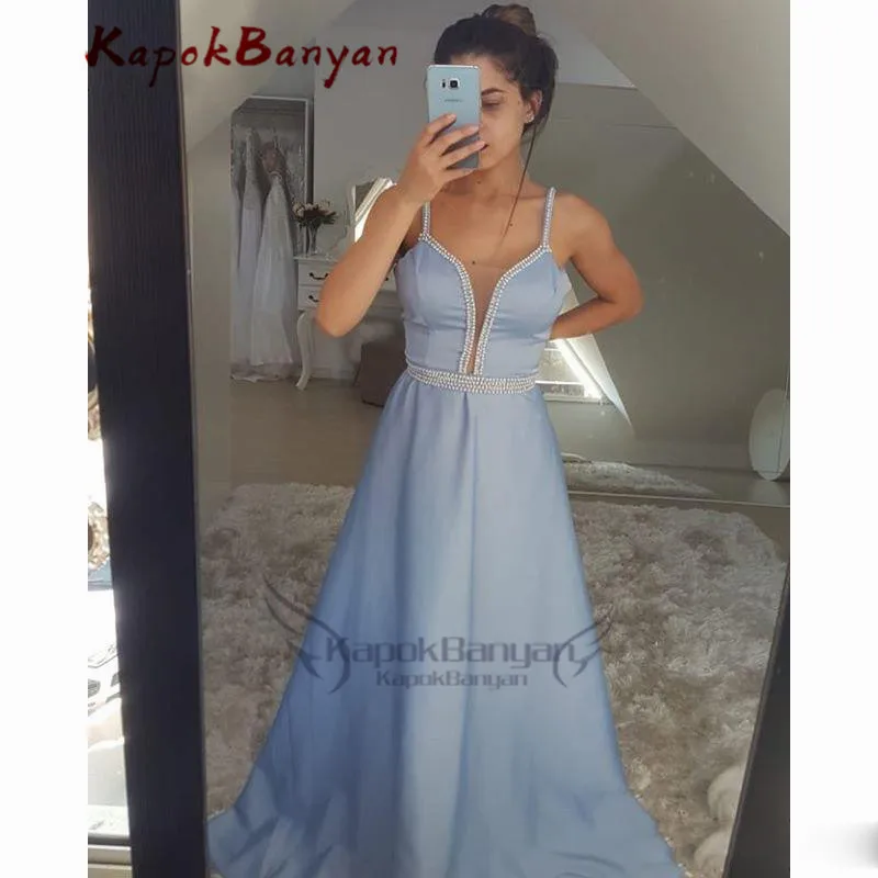 

Blue Satin Prom Dresses Sweetheart Pealrs Tank A-Line Simple Evening Gowns Girls Graduation Dress vestido graduacion largo