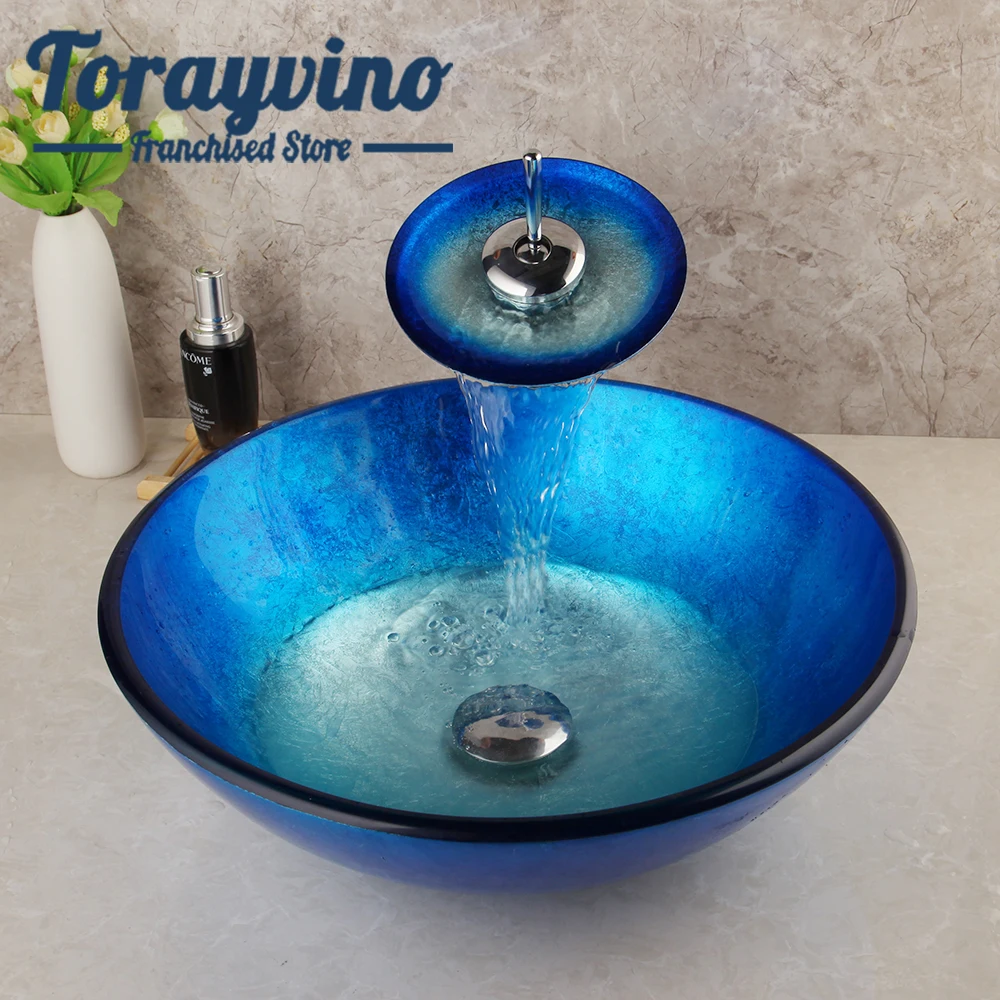 

Torayvino Bathroom basin Faucet Set Round Basin Sink Deck Mount Tap Sink washing basin Glass Hand-Painted Lavatory Brass tap Set