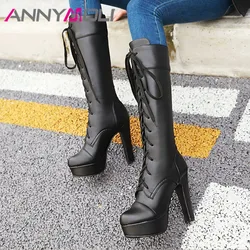 ANNYMOLI Winter Knee High Boots Women Lace Up Platform Block Heels Long Boots Fashion Extreme High Heel Shoes Ladies Big Size 43