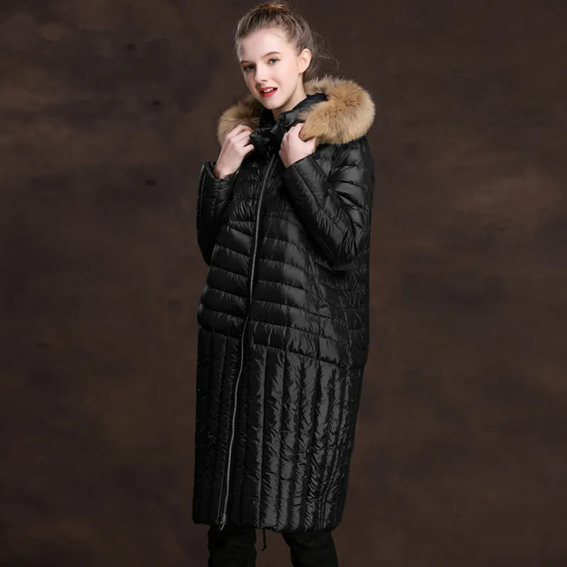 

2020 Casual Women Down Jacket Winter Warm Coat Female Raccoon Fur Collar Hooded Down Jacket Long Overcoat Parka SBD83338