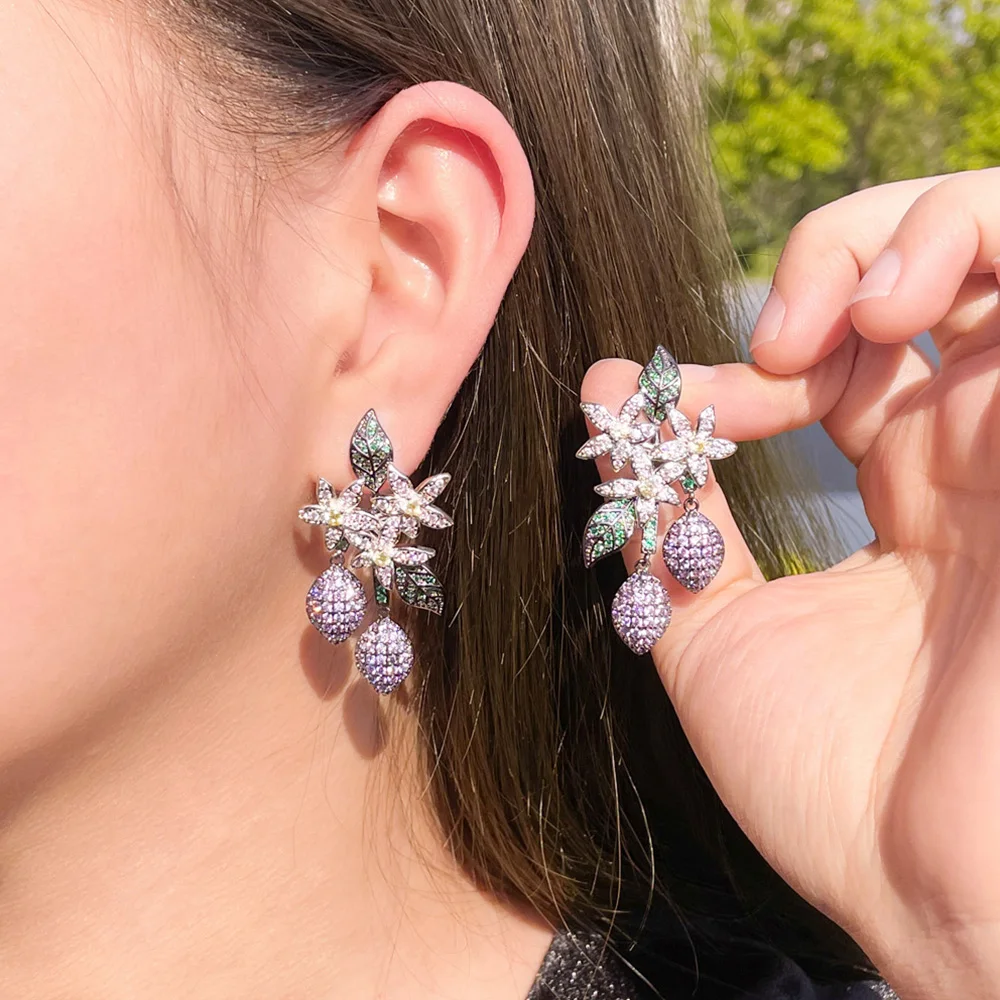 

Pera Fascinated White Flower Cubic Zirconia Long Dangle Purple Cluster Drop Earrings for Women Costume Prom Party Jewelry E854
