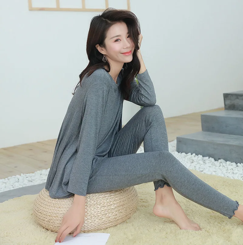 Female 2PCS Long Sleeve Shirt Long Pants Modal Pajamas Set For Women Nightshirt Casual Home Service Elasticity Sleepwear